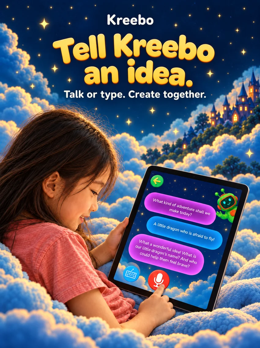 A child chatting with Kreebo to create a story