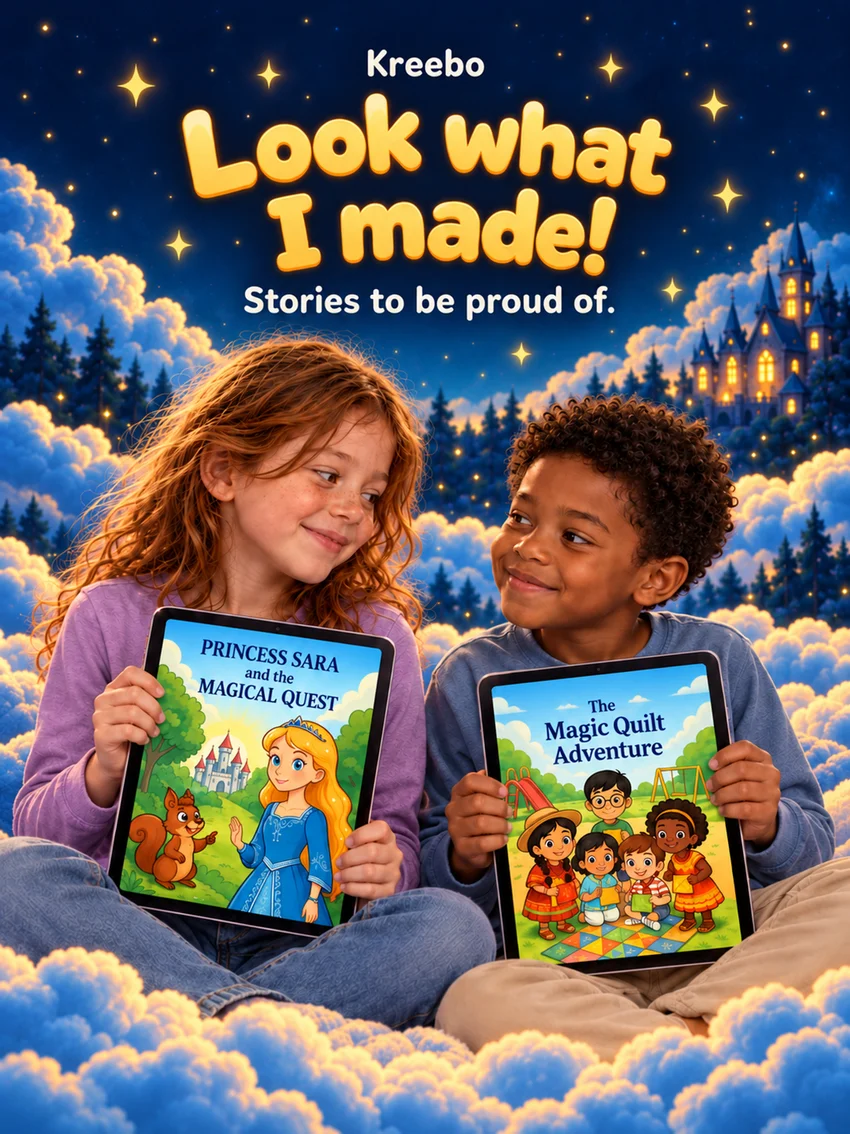 Two children proudly sharing the books they made